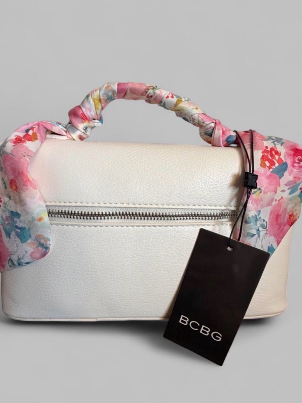 NWT-BCBG White Leather Top-Handle Bag with Floral Scarf Wrap